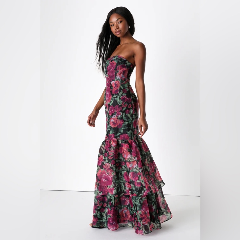 Lulus Fleur of Dreams Green and Pink Floral Print Organza Maxi Dress